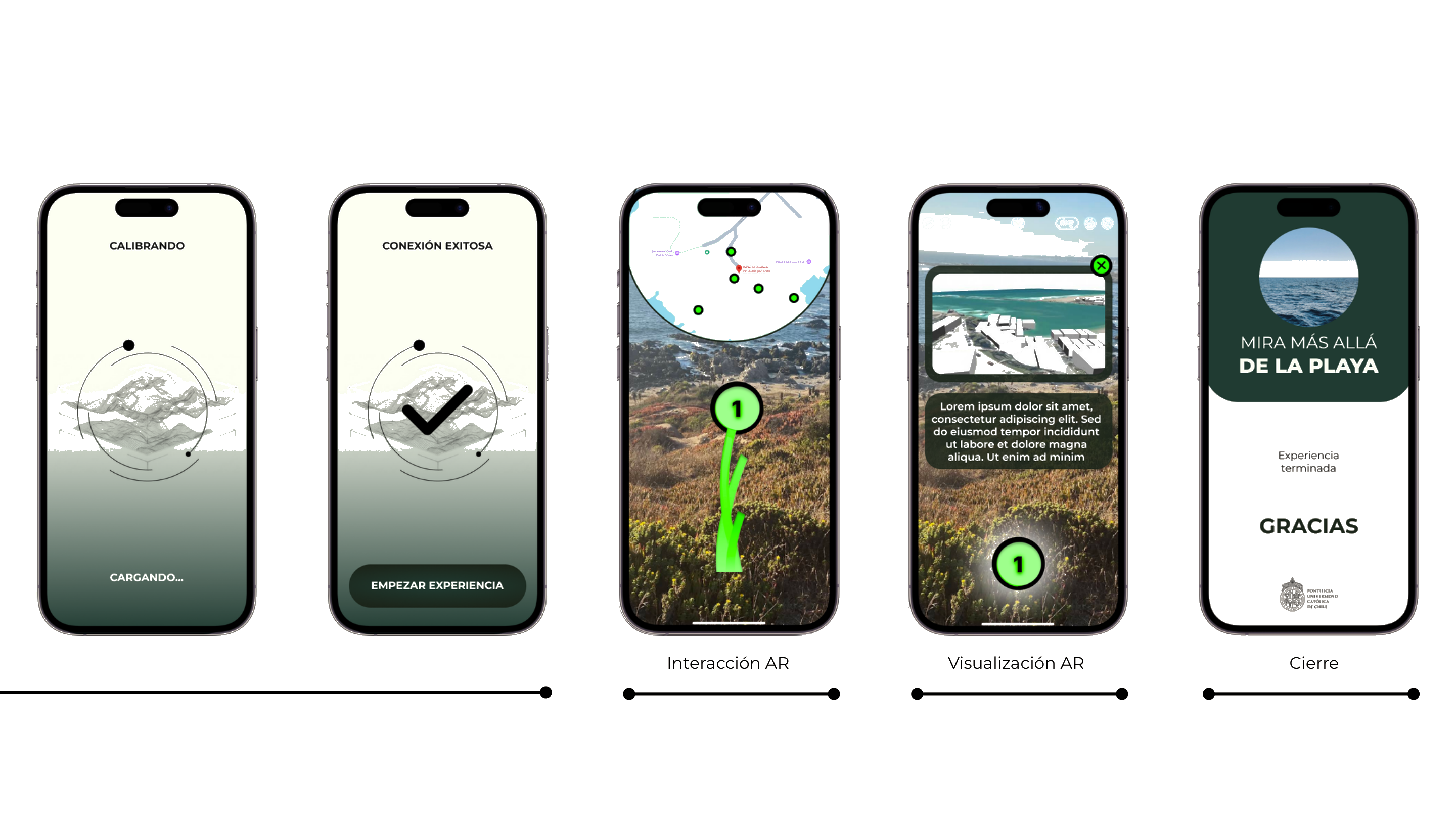 AR prototype screens showing spatial calibration, wave simulation overlay, and closing screen