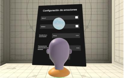 Avatar mostrando señales de estado emocional en la interfaz de configuración VR
