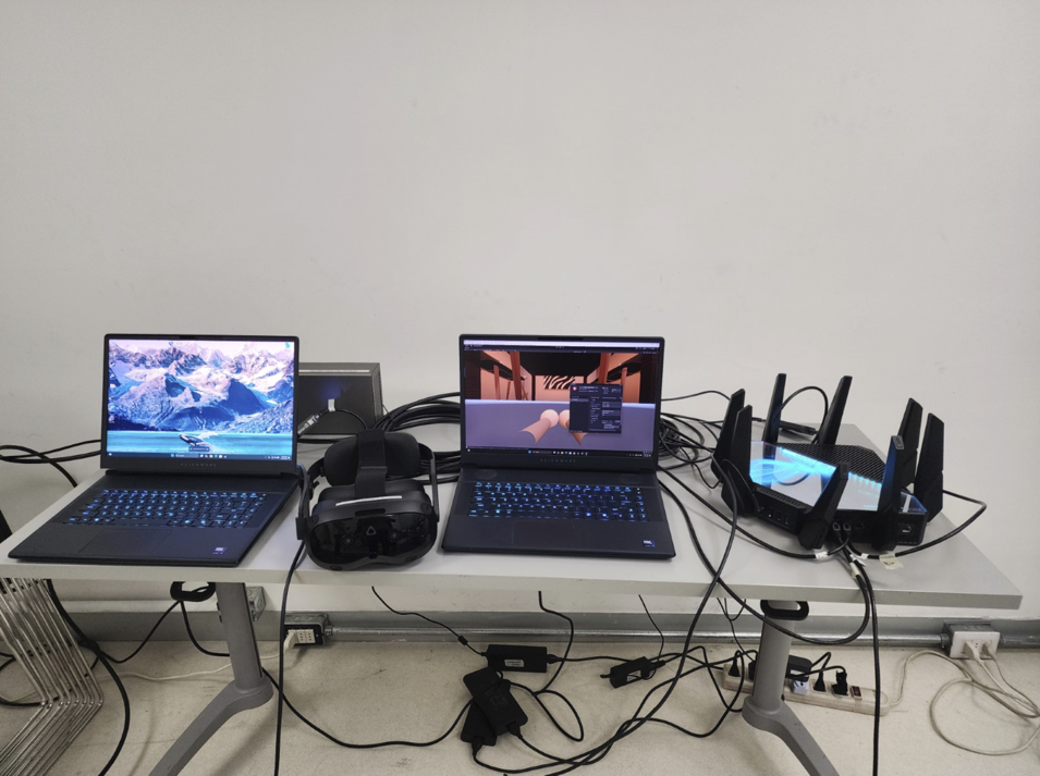 XR Collaboration Proto2 — configuración de hardware: laptops Alienware, HTC Vive Focus Vision y router Wi-Fi