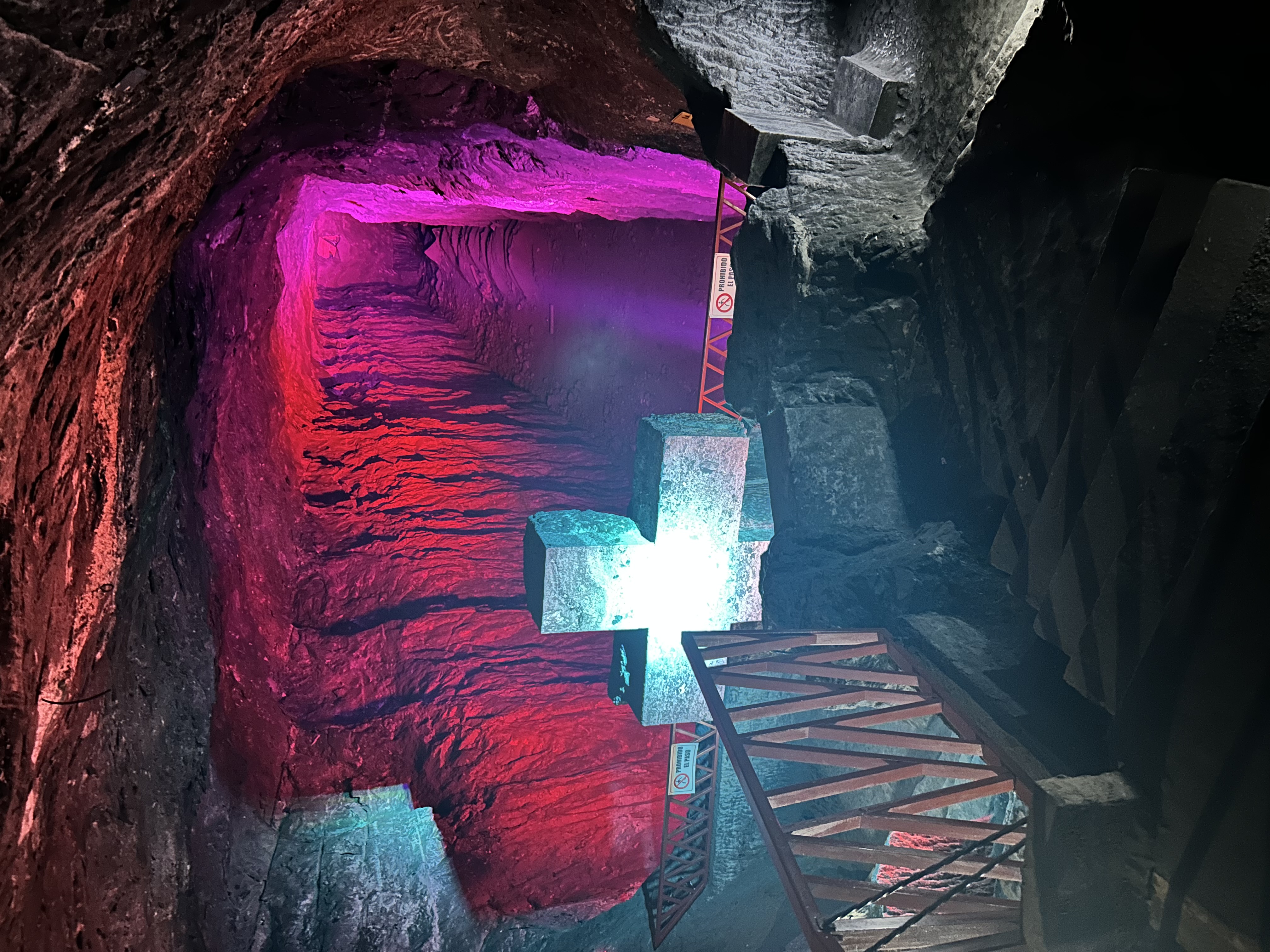 Illuminated salt cross inside the Catedral de Sal de Zipaquirá