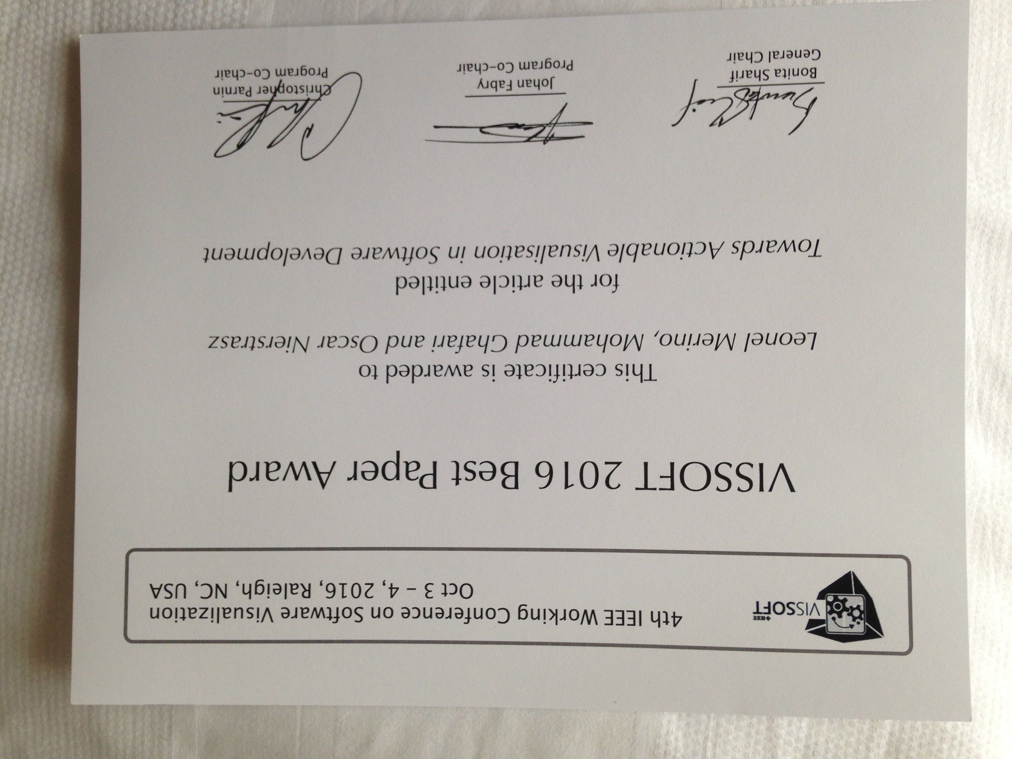VISSOFT 2016 Best Paper Award diploma awarded to Leonel Merino, Mohammad Ghafari and Oscar Nierstrasz